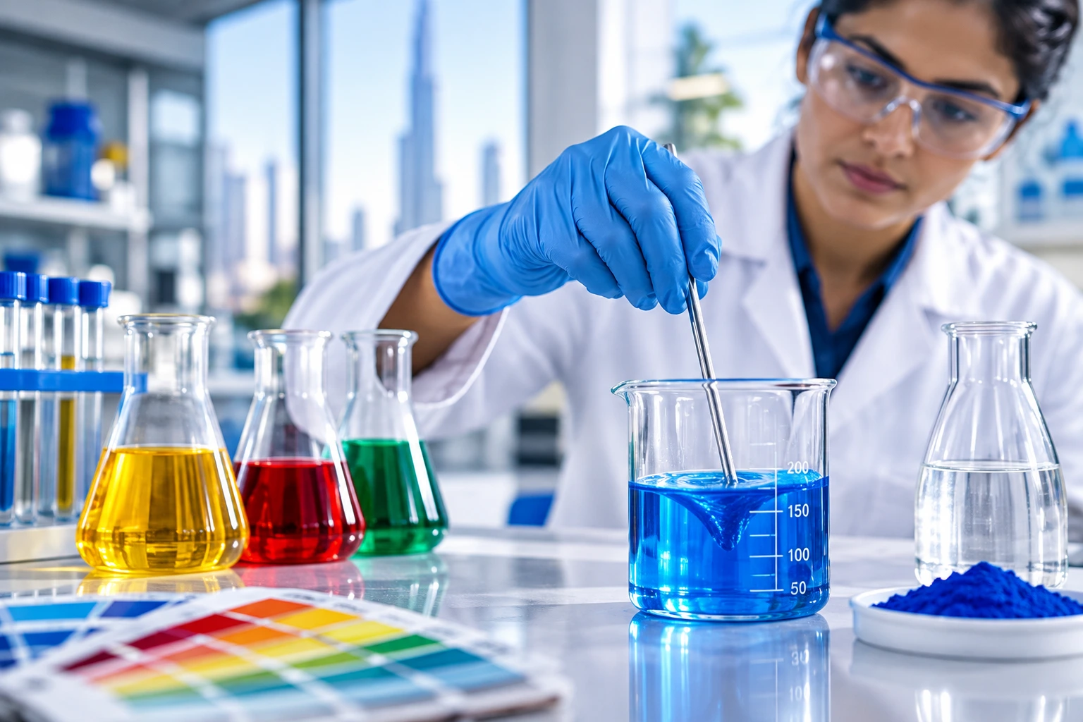 A female scientist in a white coat, safety glasses, and blue nitrile gloves using a glass stirring rod to mix a bright blue solution in a graduated beaker inside a high-tech laboratory overlooking the Dubai skyline at daylight.