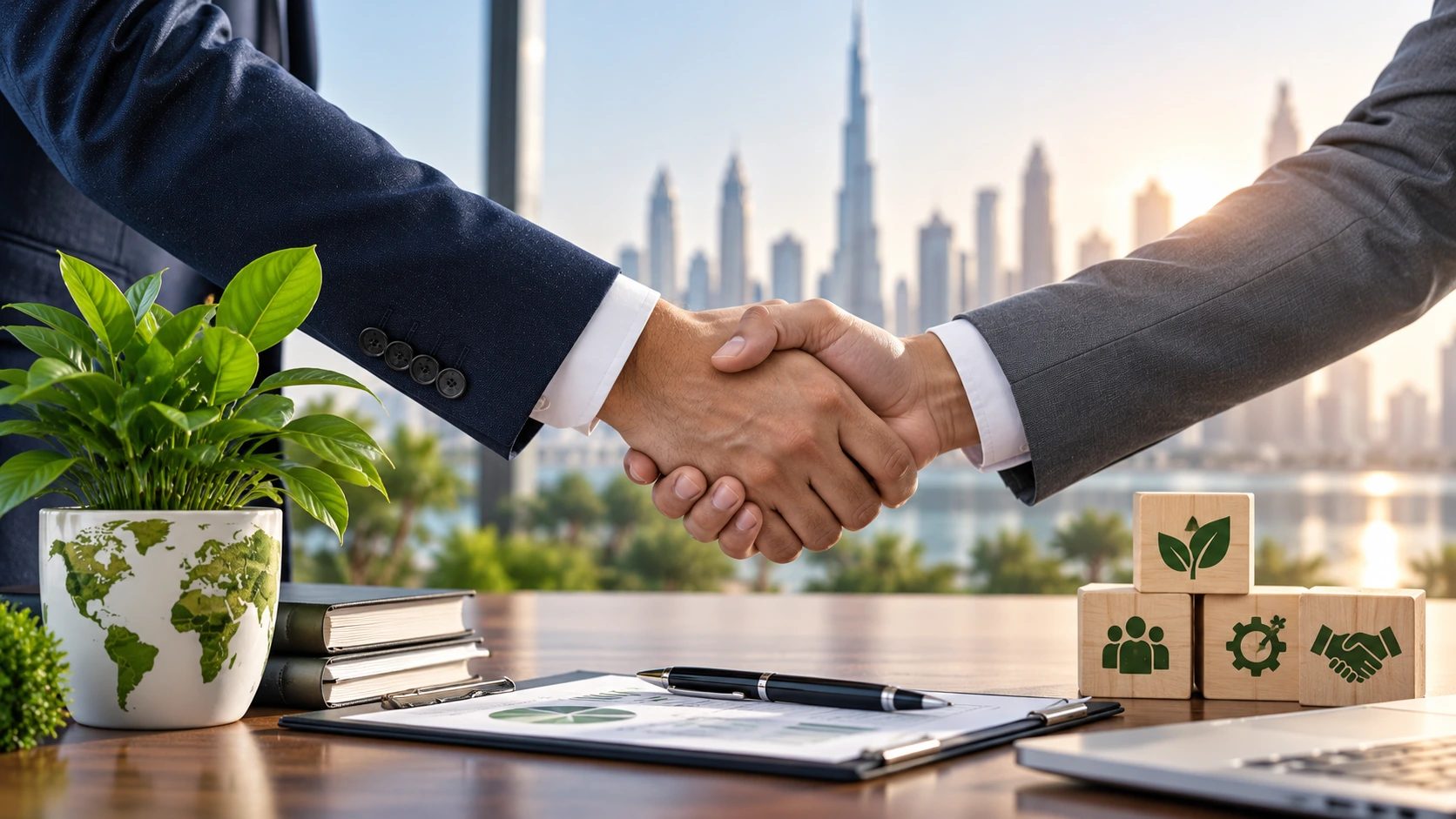 A close-up of two business professionals in suits shaking hands over a polished executive desk, featuring a clipboard with financial charts, wooden ESG icon blocks, a plant in a world map planter, and the soft-focus Dubai skyline in the background.