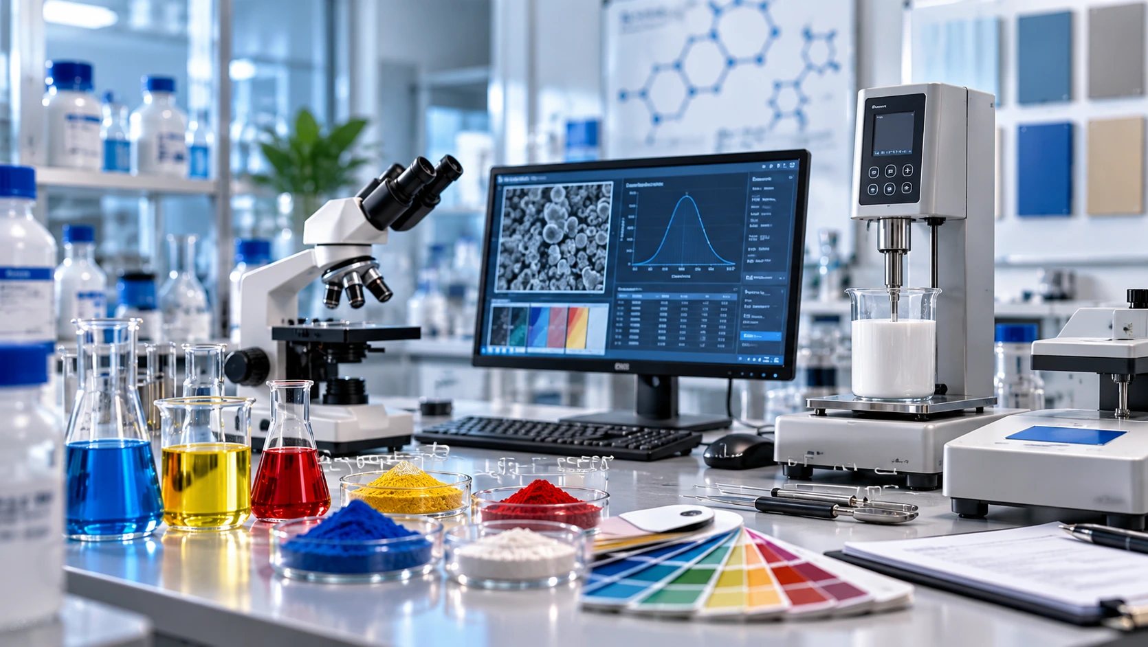 A modern analytical laboratory workstation displaying beakers with blue, yellow, and red liquids, petri dishes containing powder pigments, a fanned color chart, a optical microscope, a digital monitor showing particle size analysis, and a digital laboratory viscometer.