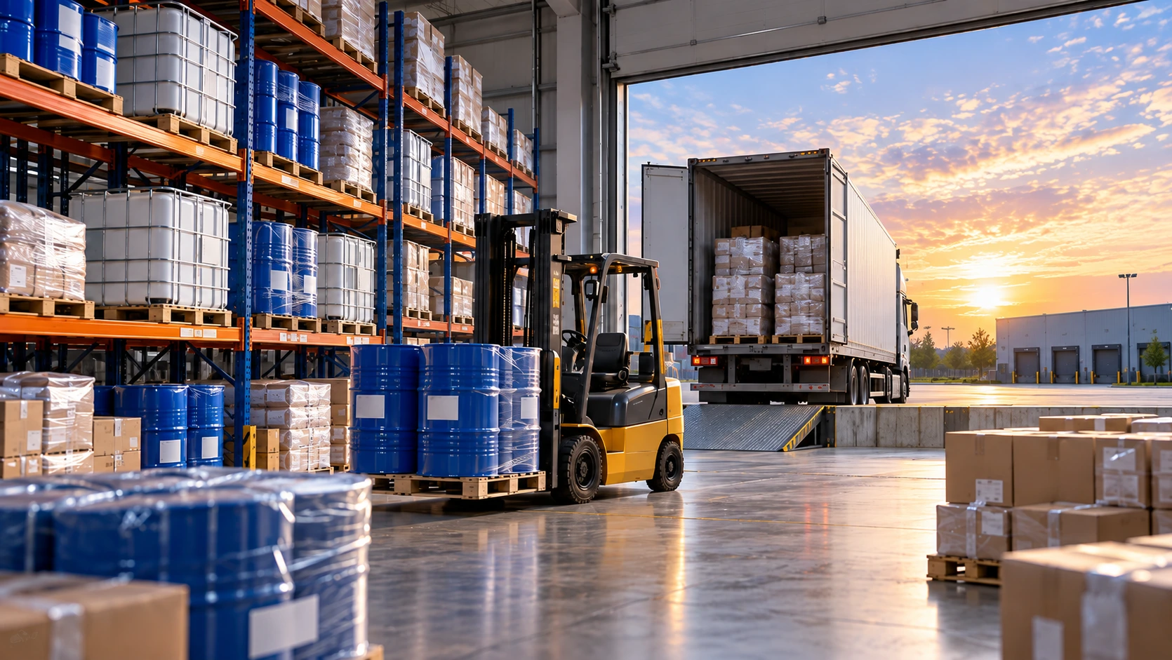 A yellow forklift carrying a pallet of blue chemical drums inside a modern industrial warehouse, positioned near an open dock door where a large semi-truck is parked at sunset.