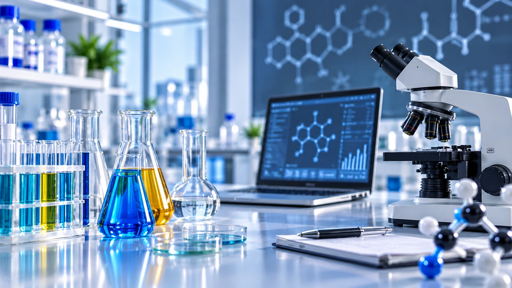 A modern scientific laboratory workstation featuring glass flasks and test tubes with blue and yellow liquids, a petri dish, an open laptop displaying 3D molecular modeling software, a compound microscope, and a ball-and-stick molecular model on a bright white desk.